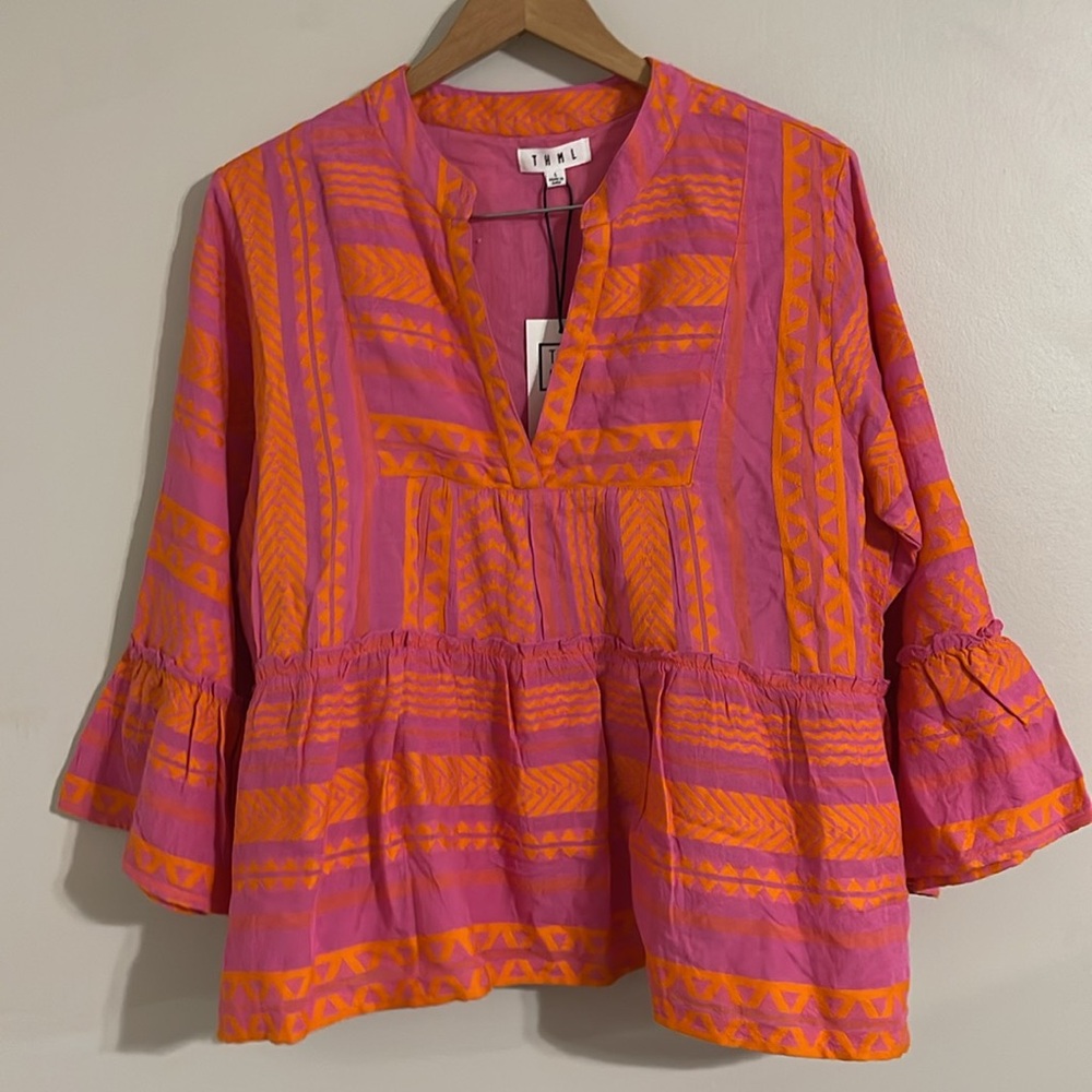 THML Pink and Orange Patterned Peasant Blouse